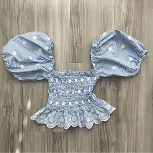 Blue Puff Sleeve Smocked Top